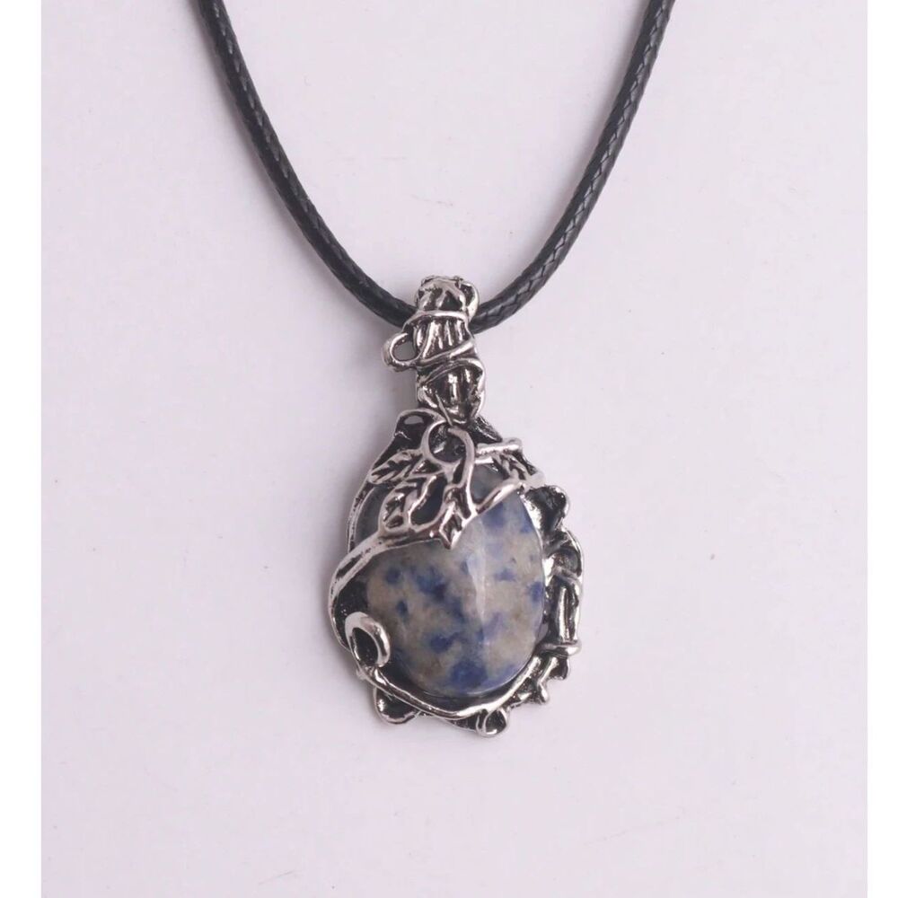 Oval Blue Sodalite Gemstone Pendant Necklace Silver Wrapped Naturl Crystal Charm